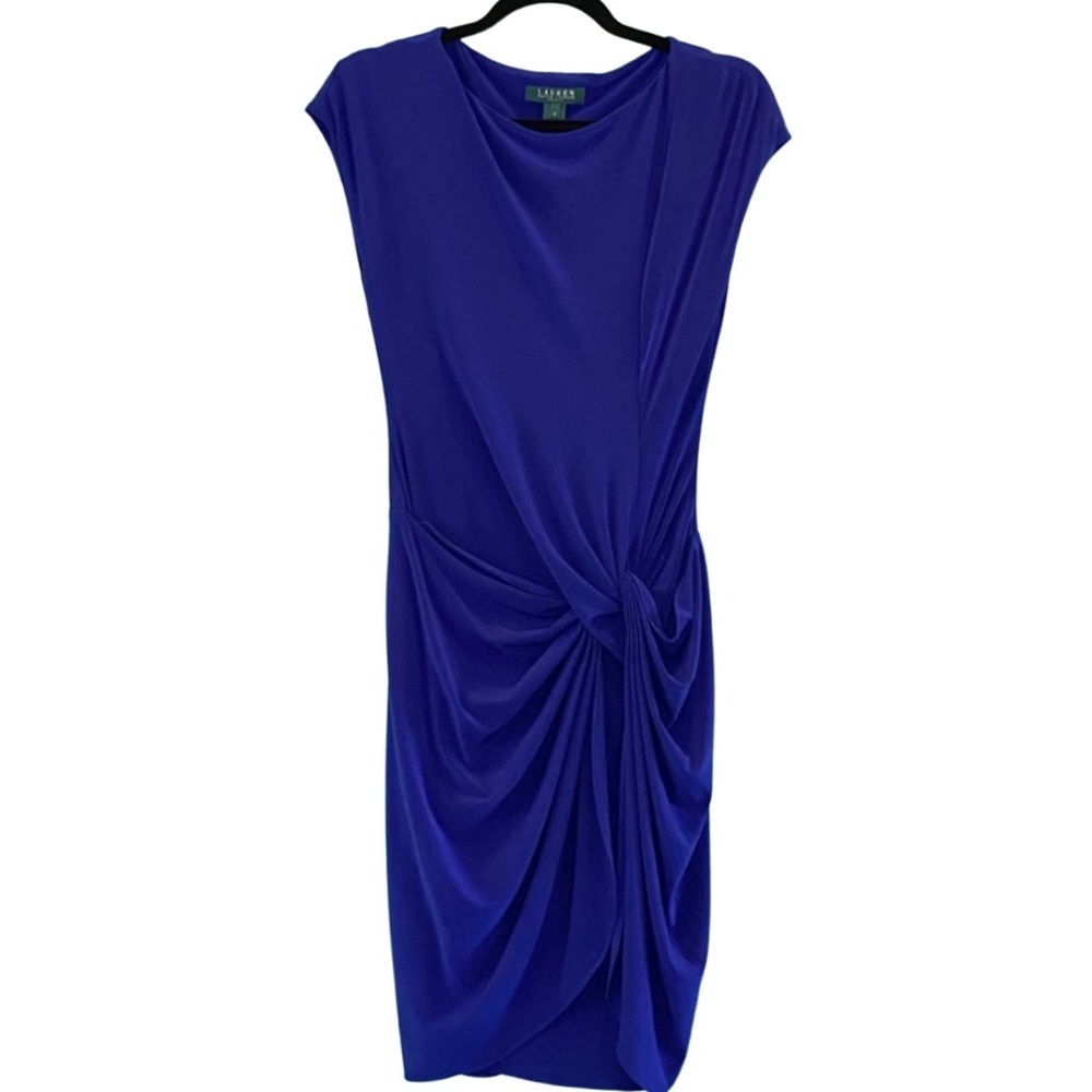 Lauren Ralph Lauren Cap Sleeve Boat Neck Draped Skirt Purple Jersey Dress Size 4 - Picture 4 of 7
